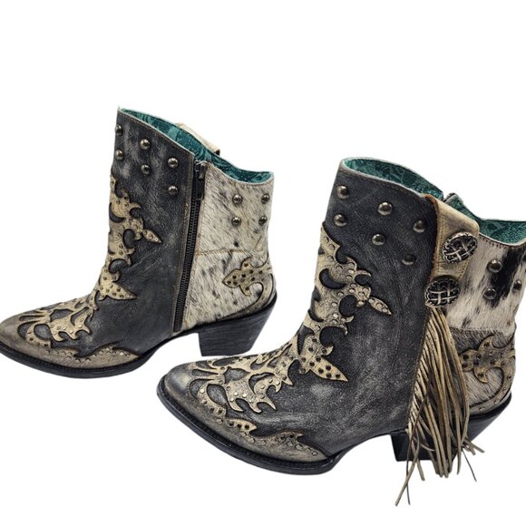 CORRAL ANKLE BOOTIES*BOOTS*FRINGE STUDS DISTRESSED METALLIC COWHIDE 9 - Picture 5 of 10